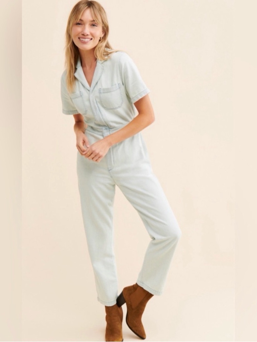 Boyish Light Blue Short-Sleeve Denim Jumpsuit